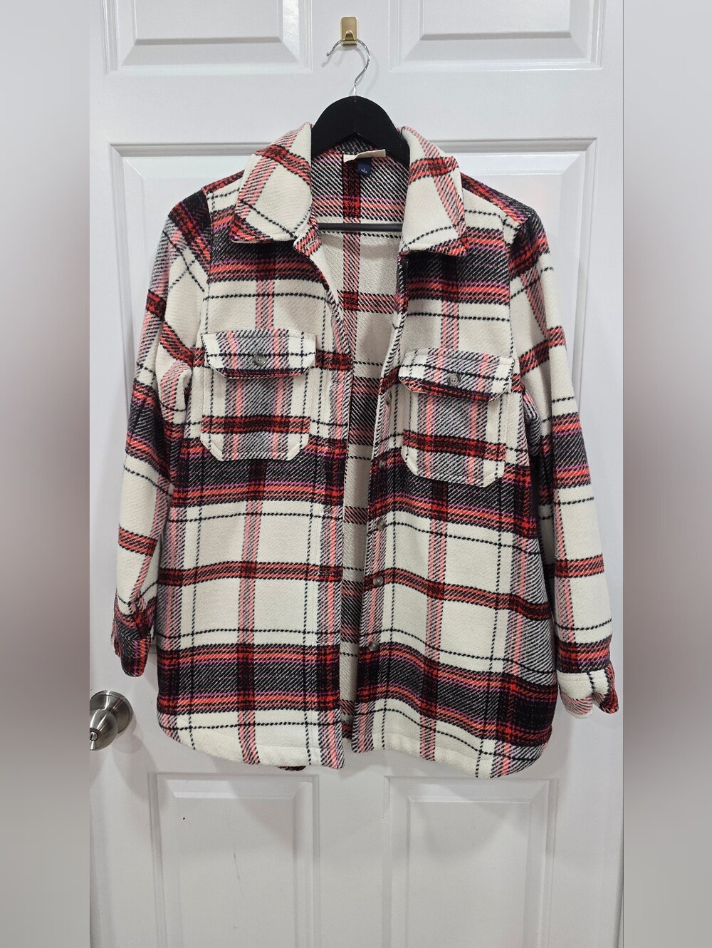 Universal Thread Cream Plaid Utility Shacket with Red and Black Checks